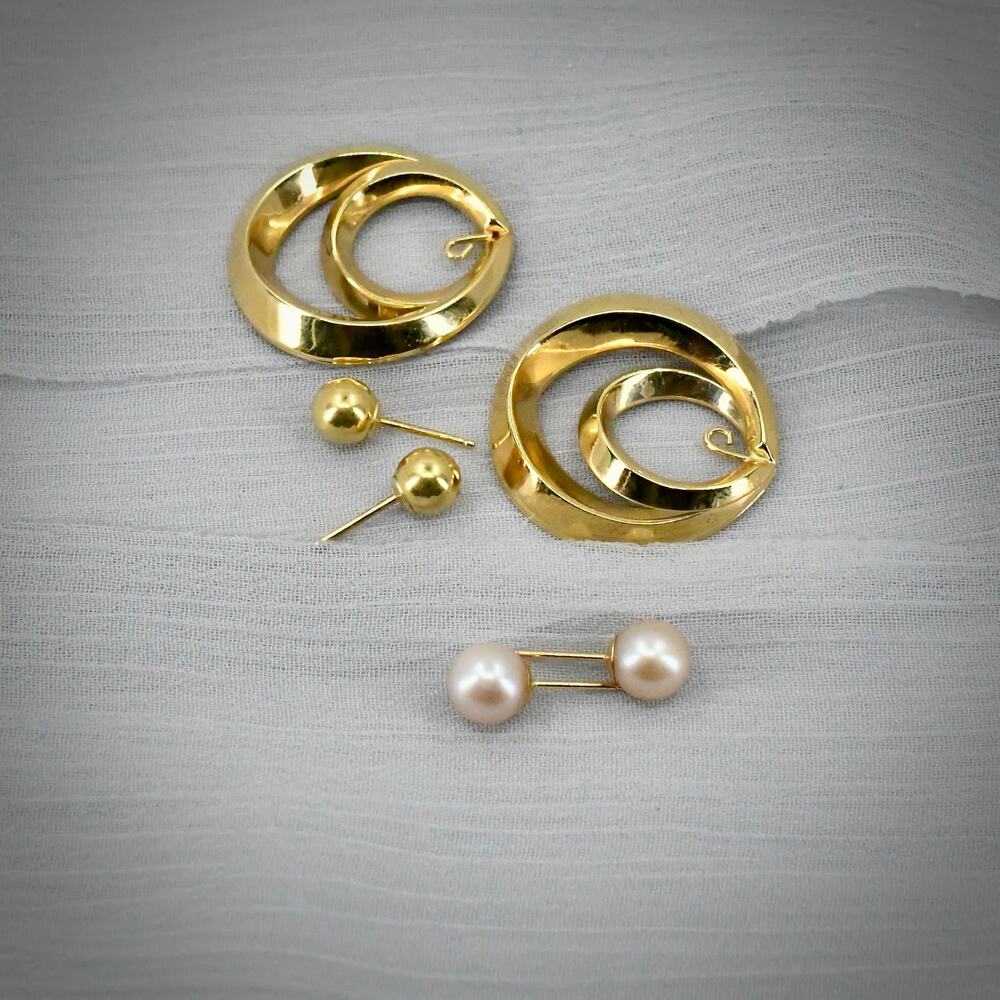 14K Yellow Gold Earring Jackets 5.9mm Studs 6.8mm Pink Pearl 3-in-1 Set 3.86g